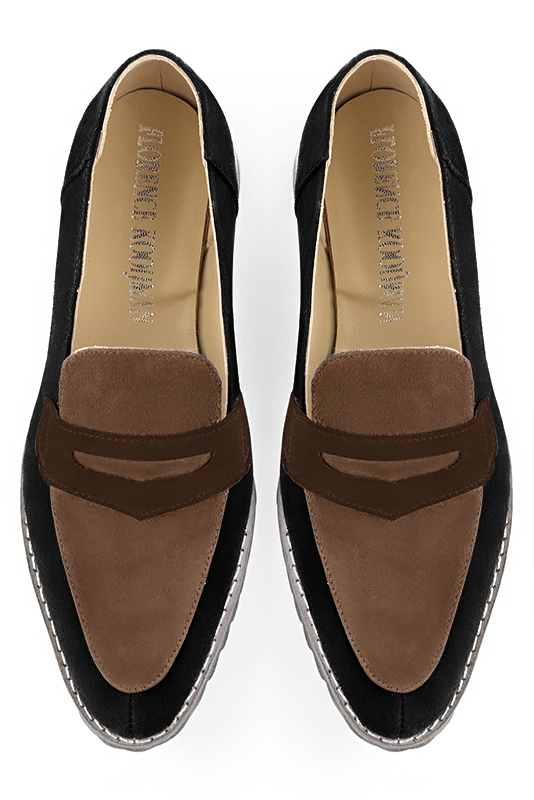 Matt black and chocolate brown women's casual loafers. Round toe. Flat rubber soles. Top view - Florence KOOIJMAN